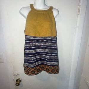 THML Goldenrod and Navy Blue Mosaic Sleeveless Blouse Top-L